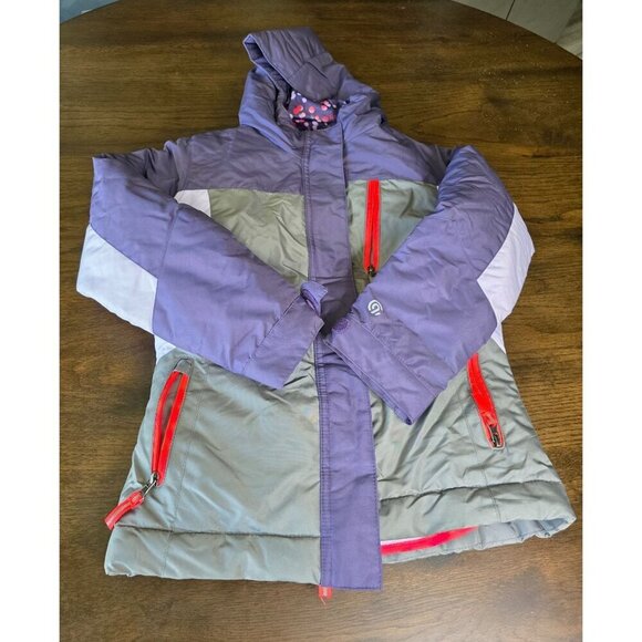 Girls Purple & Gray Hooded Winter Jacket With Polka Dot Lining Red Zippers & Fle - Picture 3 of 16